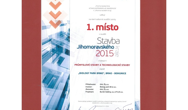 Biology Park Brno získal ocenění Stavba Jihomoravského kraje 2015